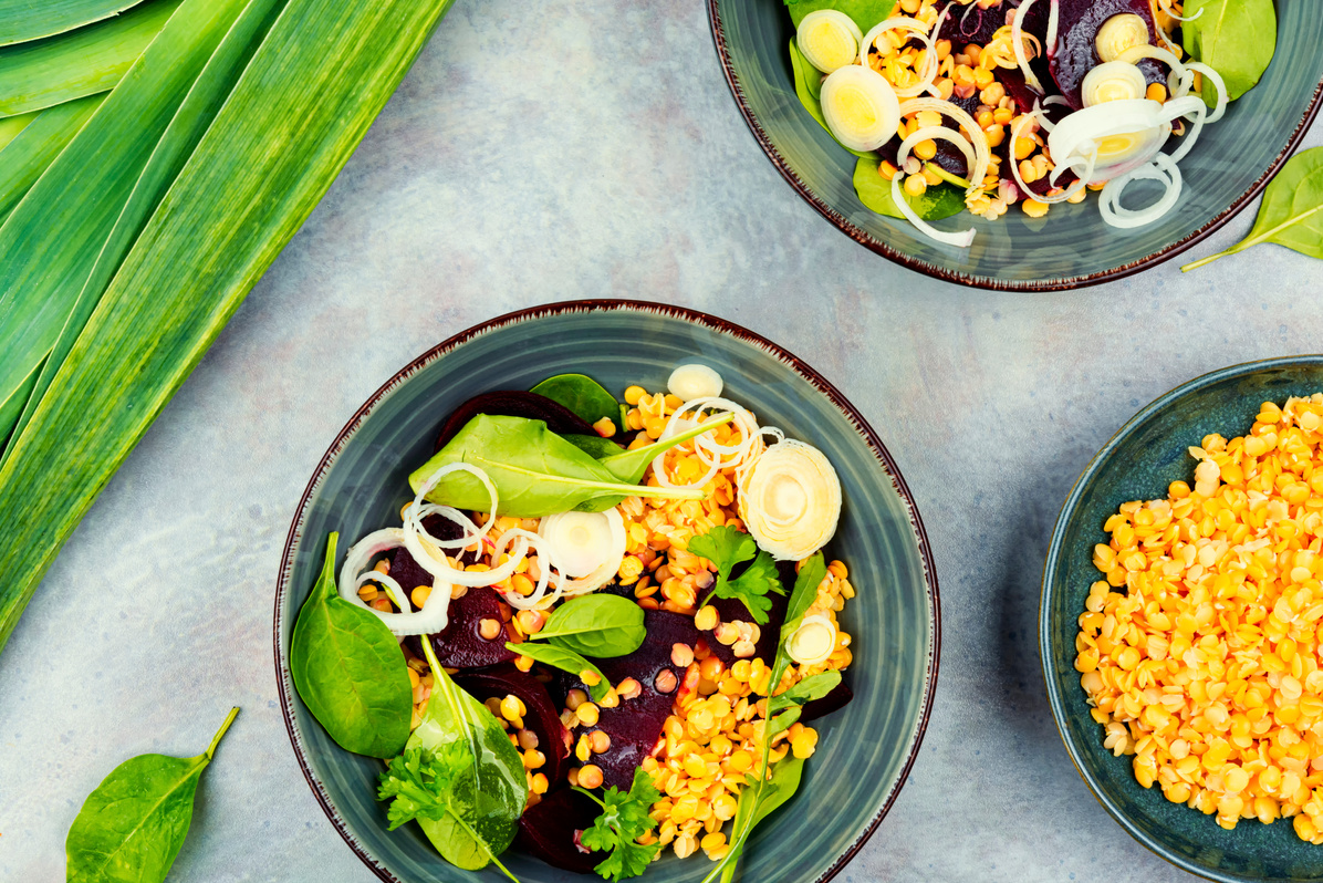 Delicious low calorie lentil salad, top view.